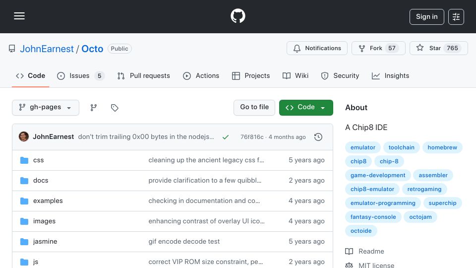 Screenshot of github.com: Octo: A Chip8 IDE