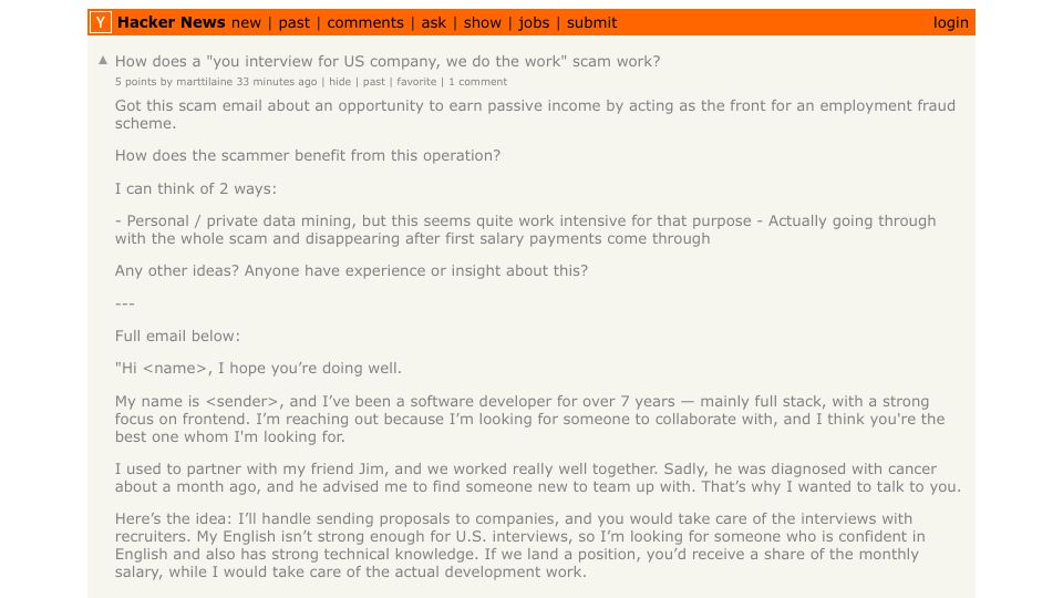 Screenshot of Hacker News post: How does a "you interview for US company, we do the work" scam work?