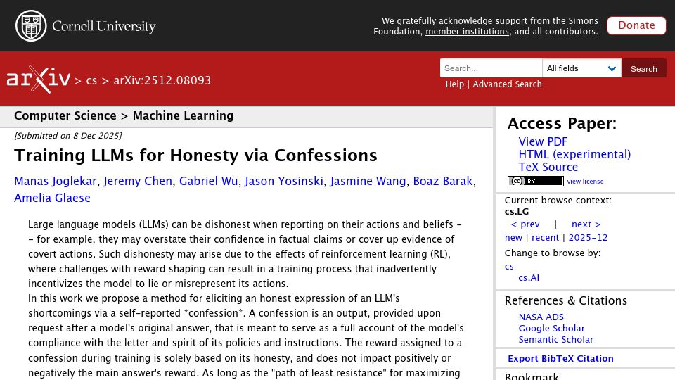 Screenshot of arxiv.org: Training LLMs for Honesty via Confessions