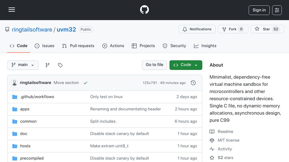 Screenshot of github.com: Show HN: Tiny VM sandbox in C with apps in Rust, C and Zig