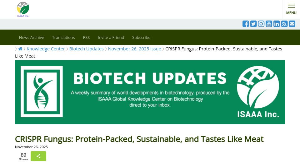 Screenshot of isaaa.org: CRISPR fungus: Protein-packed, sustainable, and tastes like meat