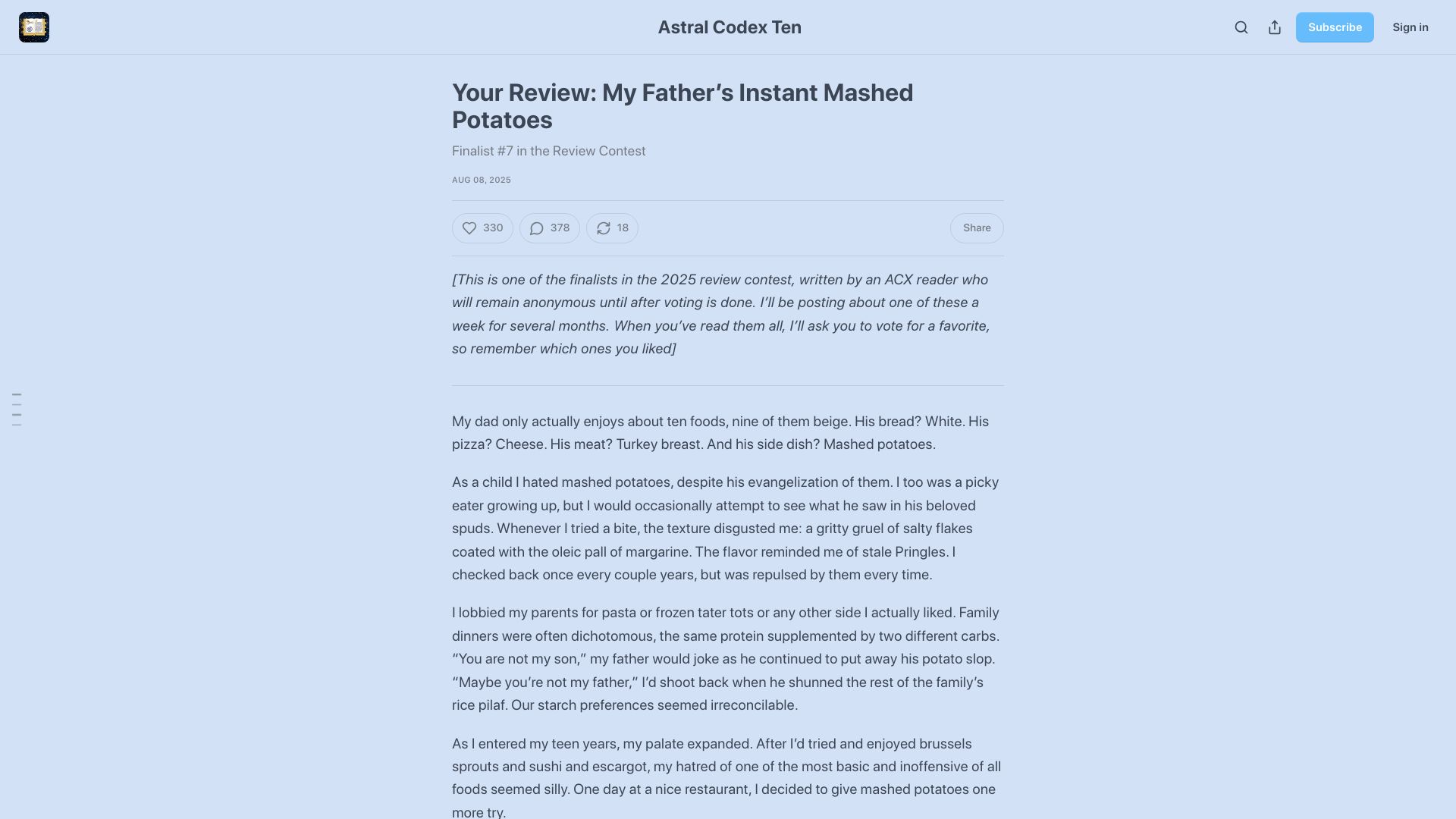 Screenshot of astralcodexten.com: My Father's Instant Mashed Potatoes
