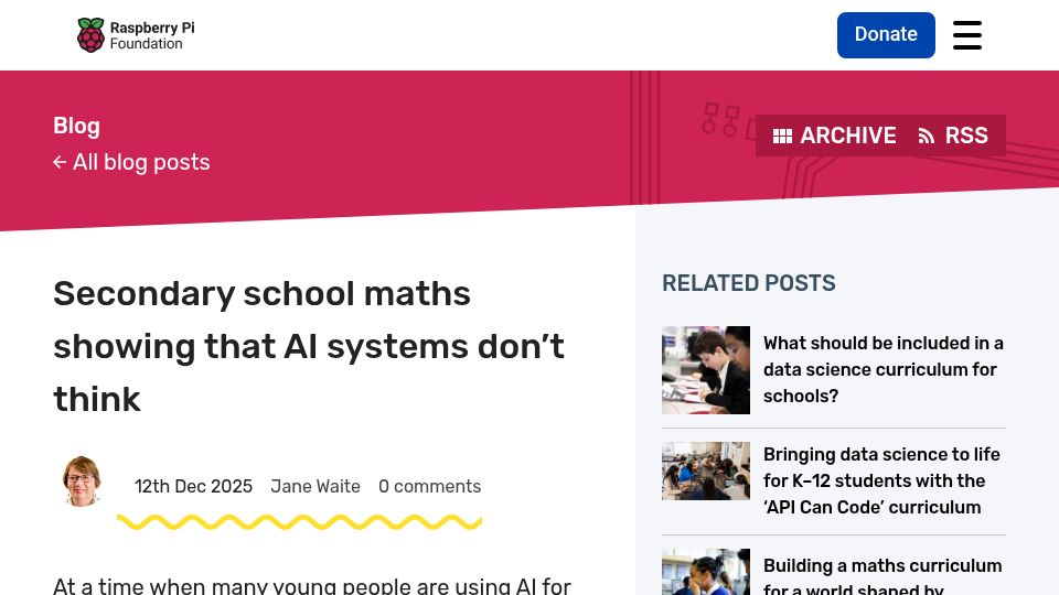 Screenshot of raspberrypi.org: Using secondary school maths to demystify AI