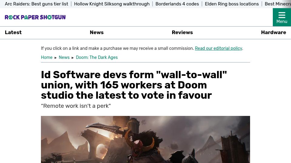 Screenshot of rockpapershotgun.com: Id Software devs form "wall-to-wall" union