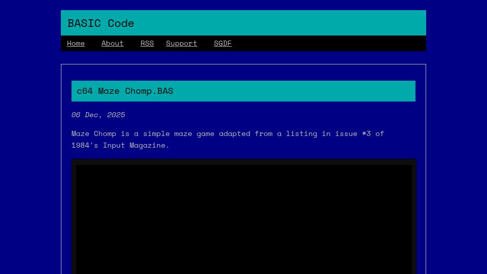 Screenshot of basic-code.bearblog.dev: C64 Maze Chomp.BAS