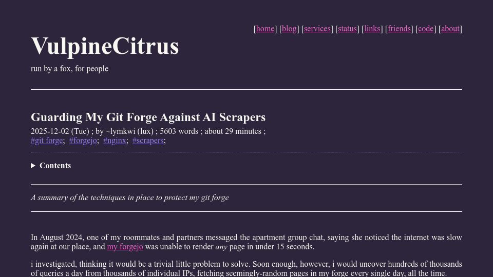 Screenshot of vulpinecitrus.info: Guarding My Git Forge Against AI Scrapers
