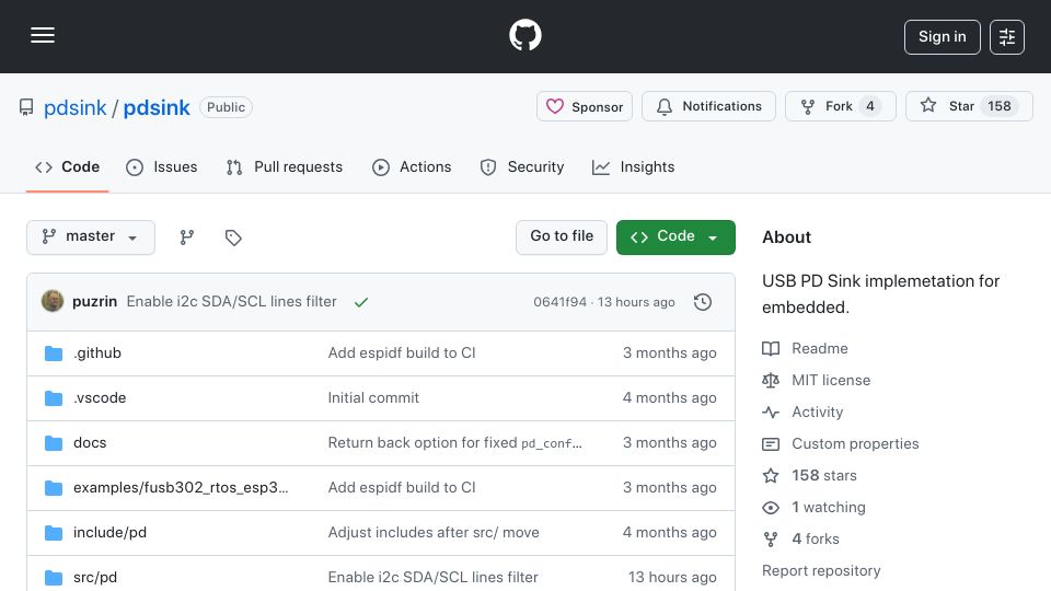Screenshot of github.com: Pdsink: USB Power Delivery Sink library for embedded devices