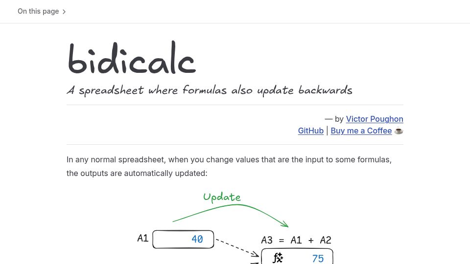 Screenshot of victorpoughon.github.io: Show HN: I made a spreadsheet where formulas also update backwards