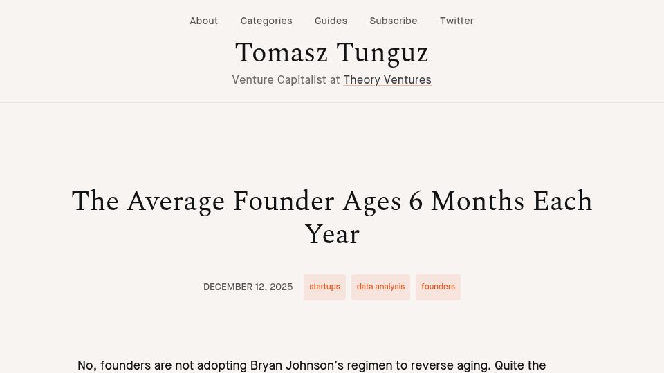 Screenshot of tomtunguz.com: The Average Founder Ages 6 Months Each Year