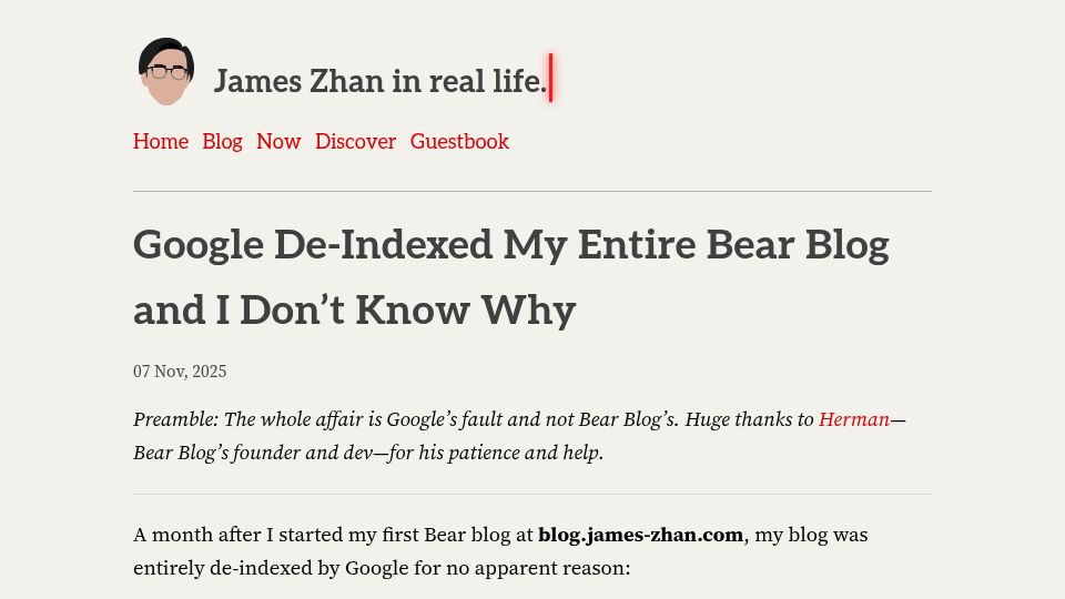 Screenshot of journal.james-zhan.com: Google de-indexed Bear Blog and I don't know why