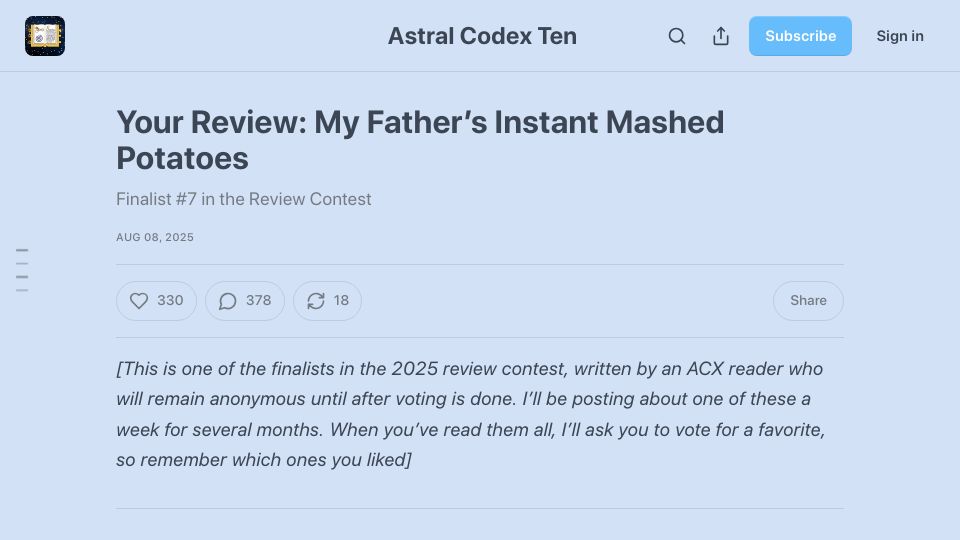Screenshot of astralcodexten.com: My Father's Instant Mashed Potatoes