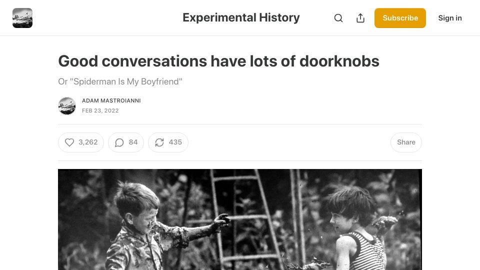 Screenshot of experimental-history.com: Good conversations have lots of doorknobs (2022)
