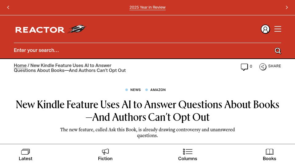 Screenshot of reactormag.com: New Kindle feature uses AI to answer questions about books