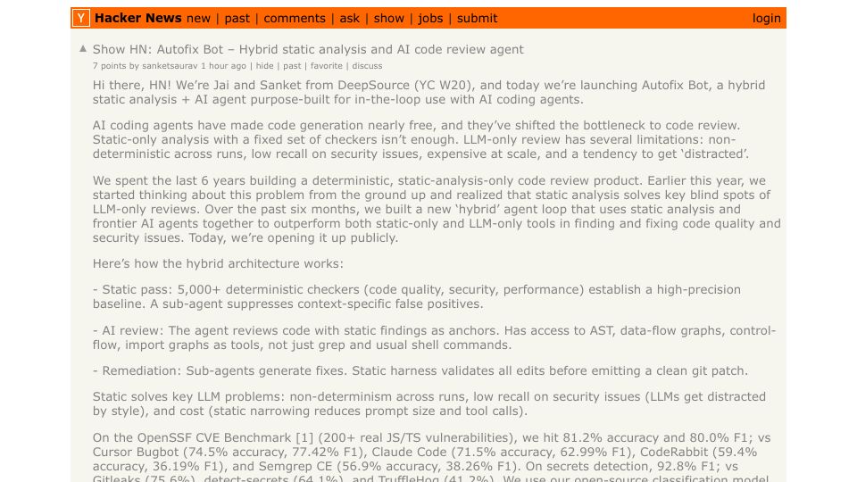 Screenshot of Hacker News post: Show HN: Autofix Bot – Hybrid static analysis and AI code review agent