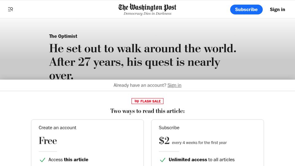 Screenshot of washingtonpost.com: He set out to walk around the world. After 27 years, his quest is nearly over
