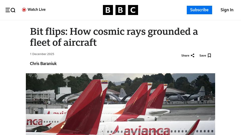 Screenshot of bbc.com: Bit flips: How cosmic rays grounded a fleet of aircraft