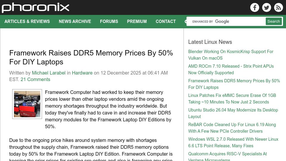 Screenshot of phoronix.com: Framework Raises DDR5 Memory Prices by 50% for DIY Laptops