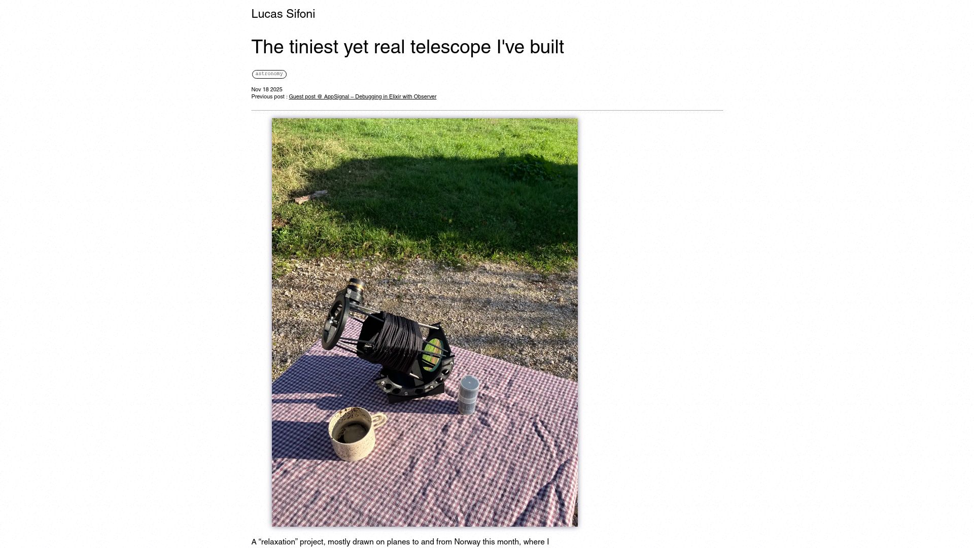 Screenshot of lucassifoni.info: The tiniest yet real telescope I've built