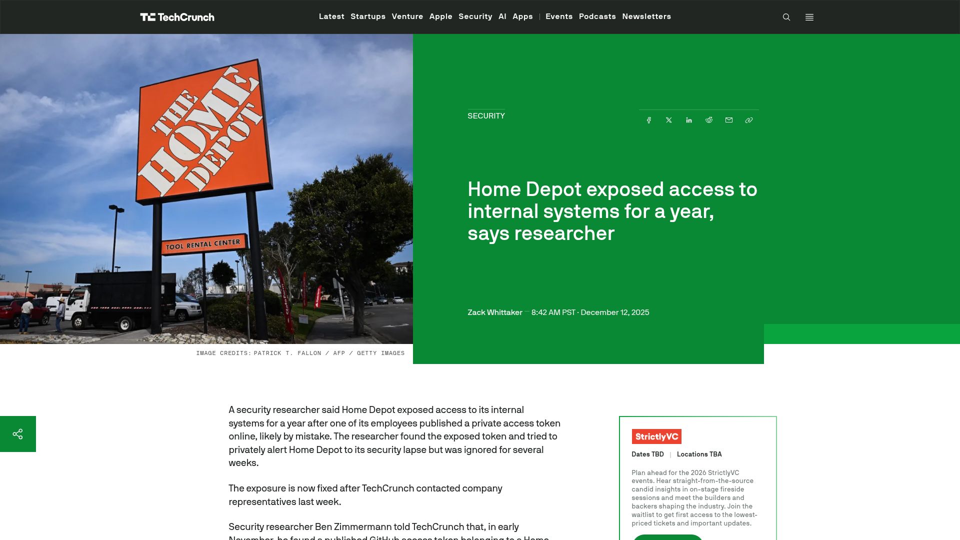 Screenshot of techcrunch.com: Home Depot GitHub token exposed for a year, granted access to internal systems