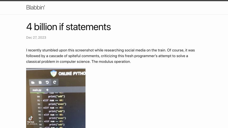 Screenshot of andreasjhkarlsson.github.io: 4 billion if statements (2023)