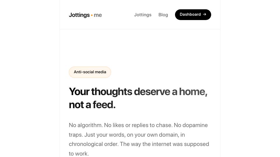 Screenshot of jottings.me: Show HN: Jottings; Anti-social microblog for your thoughts