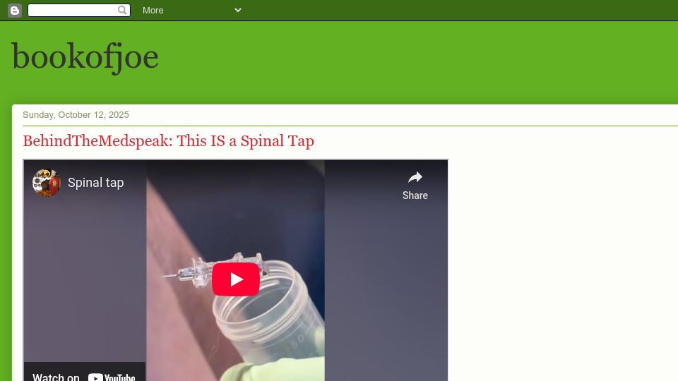 Screenshot of bookofjoe2.blogspot.com: BehindTheMedspeak: A Spinal Tap