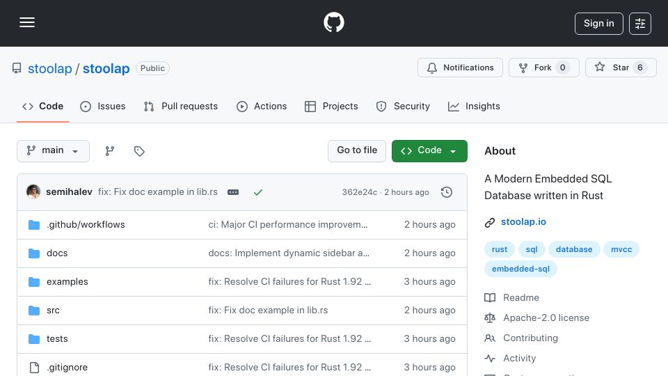 Screenshot of github.com: Stoolap: High-performance embedded SQL database in pure Rust