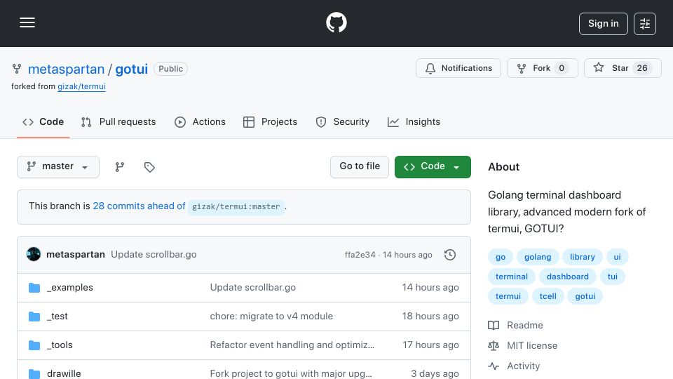Screenshot of github.com: Show HN: Gotui – a modern Go terminal dashboard library