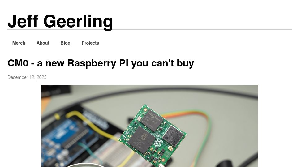 Screenshot of jeffgeerling.com: CM0 – A new Raspberry Pi you can't buy