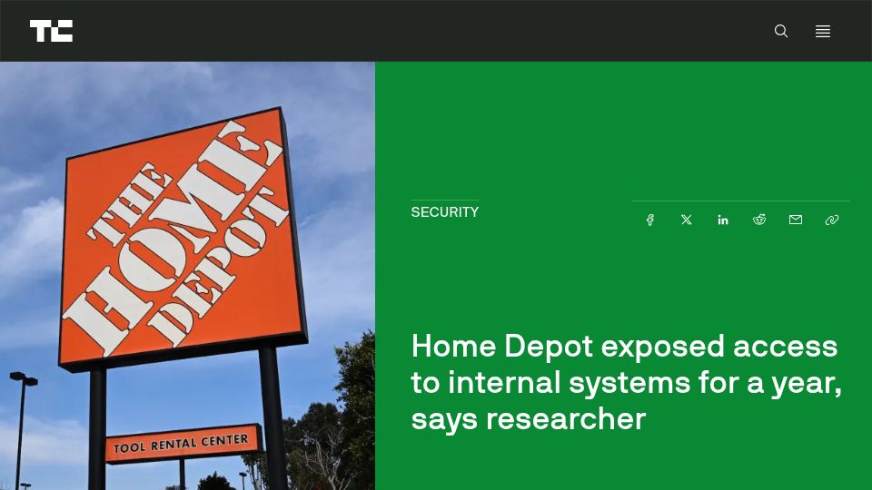 Screenshot of techcrunch.com: Home Depot GitHub token exposed for a year, granted access to internal systems