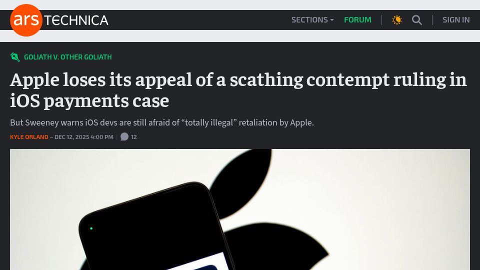 Screenshot of arstechnica.com: Epic celebrates "the end of the Apple Tax" after court win in iOS payments case