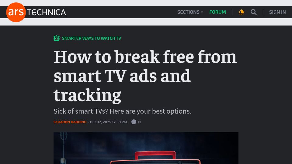 Screenshot of arstechnica.com: Sick of smart TVs? Here are your best options