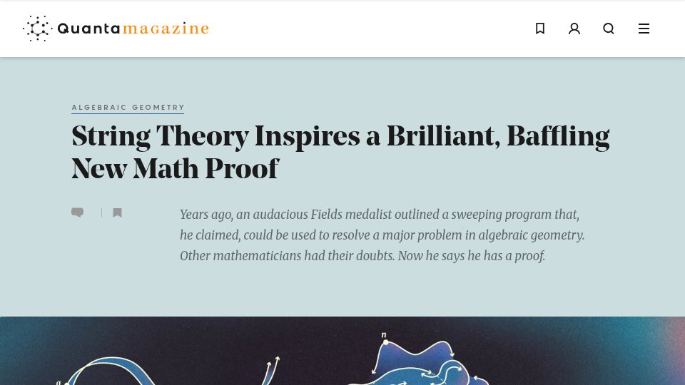Screenshot of quantamagazine.org: String theory inspires a brilliant, baffling new math proof