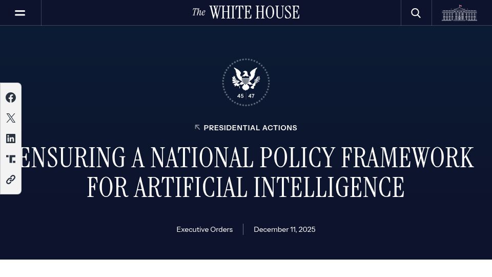 Screenshot of whitehouse.gov: Ensuring a National Policy Framework for Artificial Intelligence