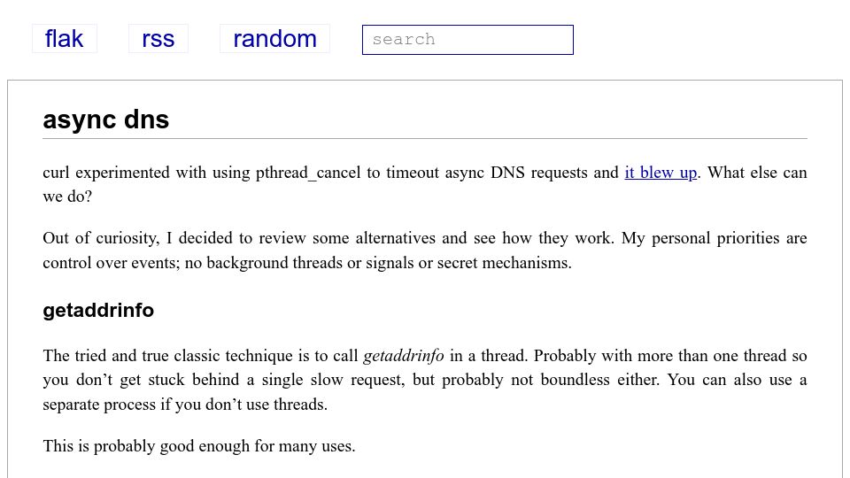 Screenshot of flak.tedunangst.com: Async DNS