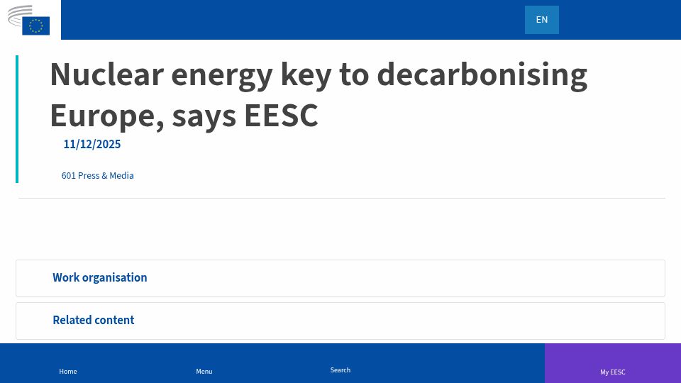 Screenshot of eesc.europa.eu: Nuclear energy key to decarbonising Europe, says EESC