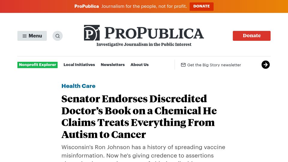 Screenshot of propublica.org: Senator endorses discredited book that claims chemical treats autism, cancer