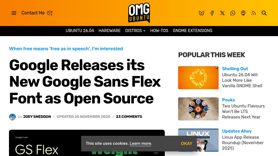 Screenshot of omgubuntu.co.uk: Google releases its new Google Sans Flex font as open source