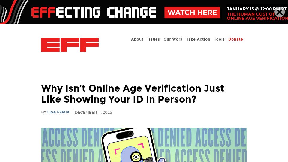 Screenshot of eff.org: Why isn't online age verification just like showing your ID in person?