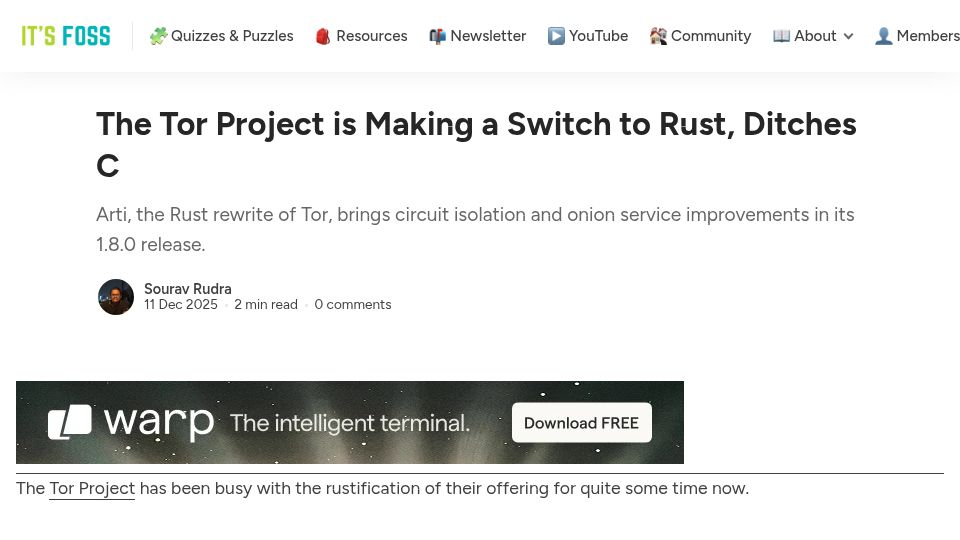 Screenshot of itsfoss.com: The Tor Project is switching to Rust