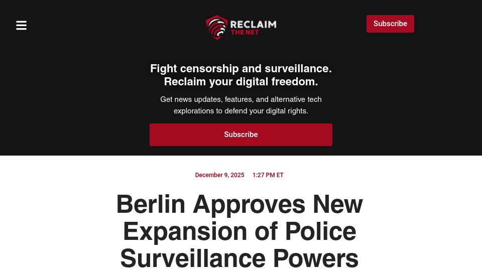 Screenshot of reclaimthenet.org: Berlin Approves New Expansion of Police Surveillance Powers