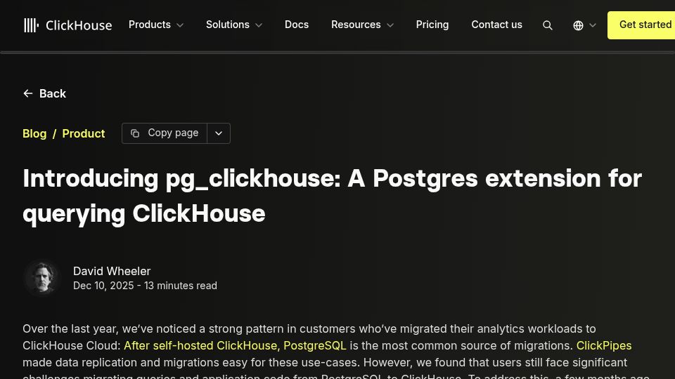 Screenshot of clickhouse.com: Pg_ClickHouse: A Postgres extension for querying ClickHouse