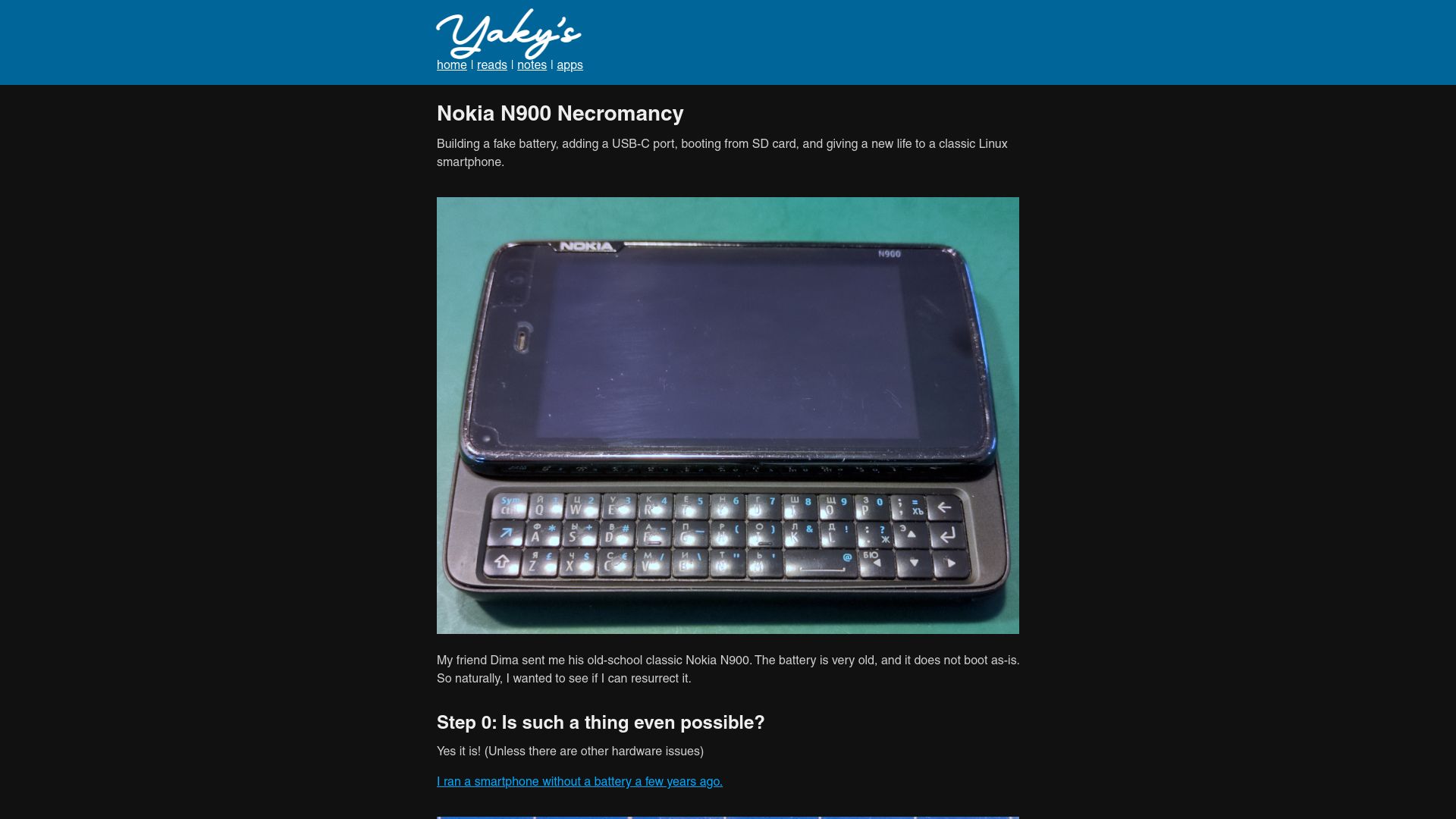 Screenshot of yaky.dev: Nokia N900 Necromancy