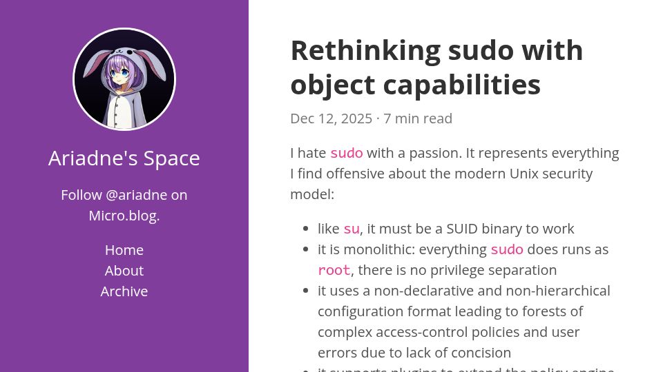 Screenshot of ariadne.space: Capsudo: Rethinking sudo with object capabilities