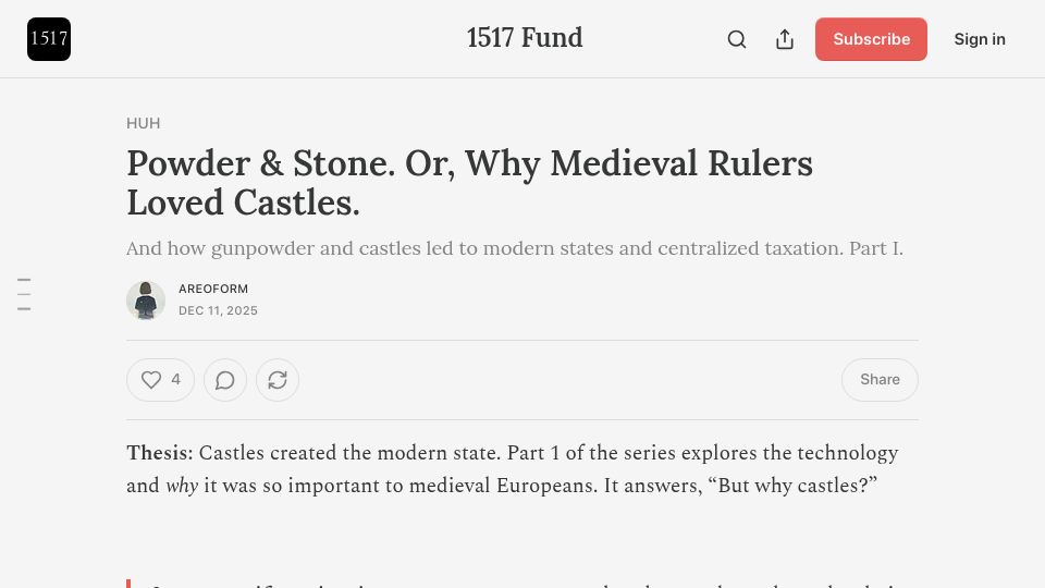 Screenshot of 1517.substack.com: Powder and stone, or, why medieval rulers loved castles