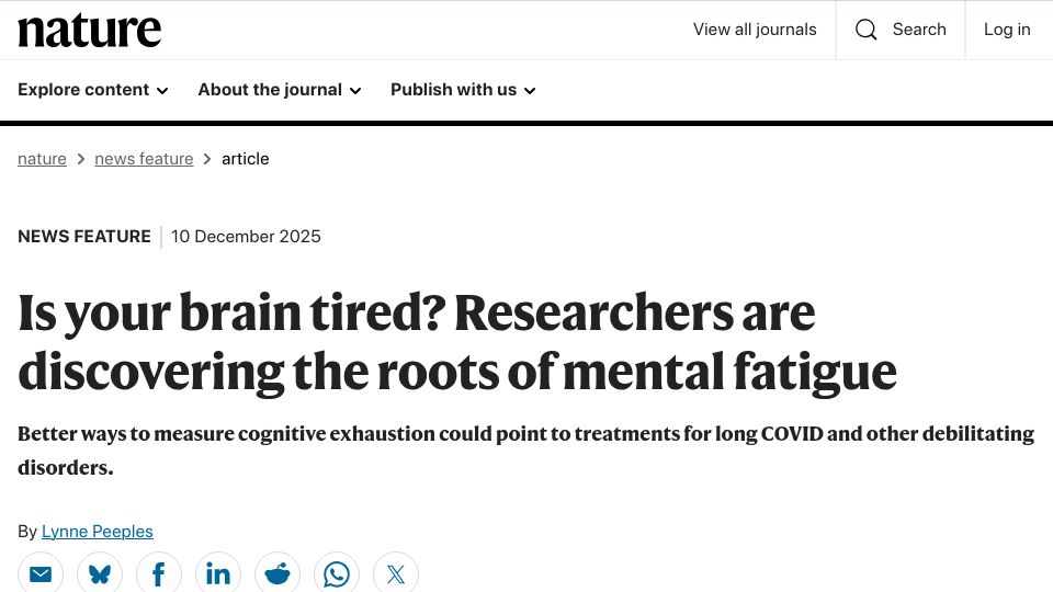 Screenshot of nature.com: Researchers seeking better measures of cognitive fatigue