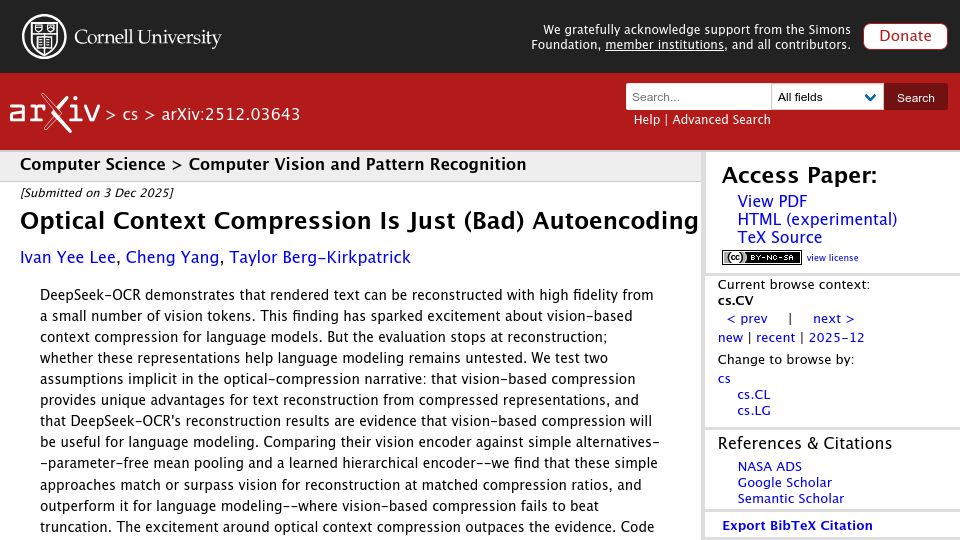 Screenshot of arxiv.org: Optical context compression is just (bad) autoencoding
