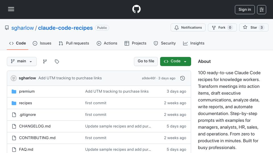 Screenshot of github.com: Show HN: Claude Code recipes for knowledge workers