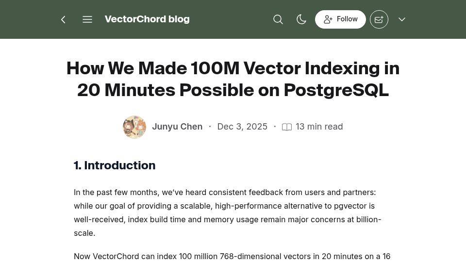 Screenshot of blog.vectorchord.ai: Indexing 100M vectors in 20 minutes on PostgreSQL with 12GB RAM
