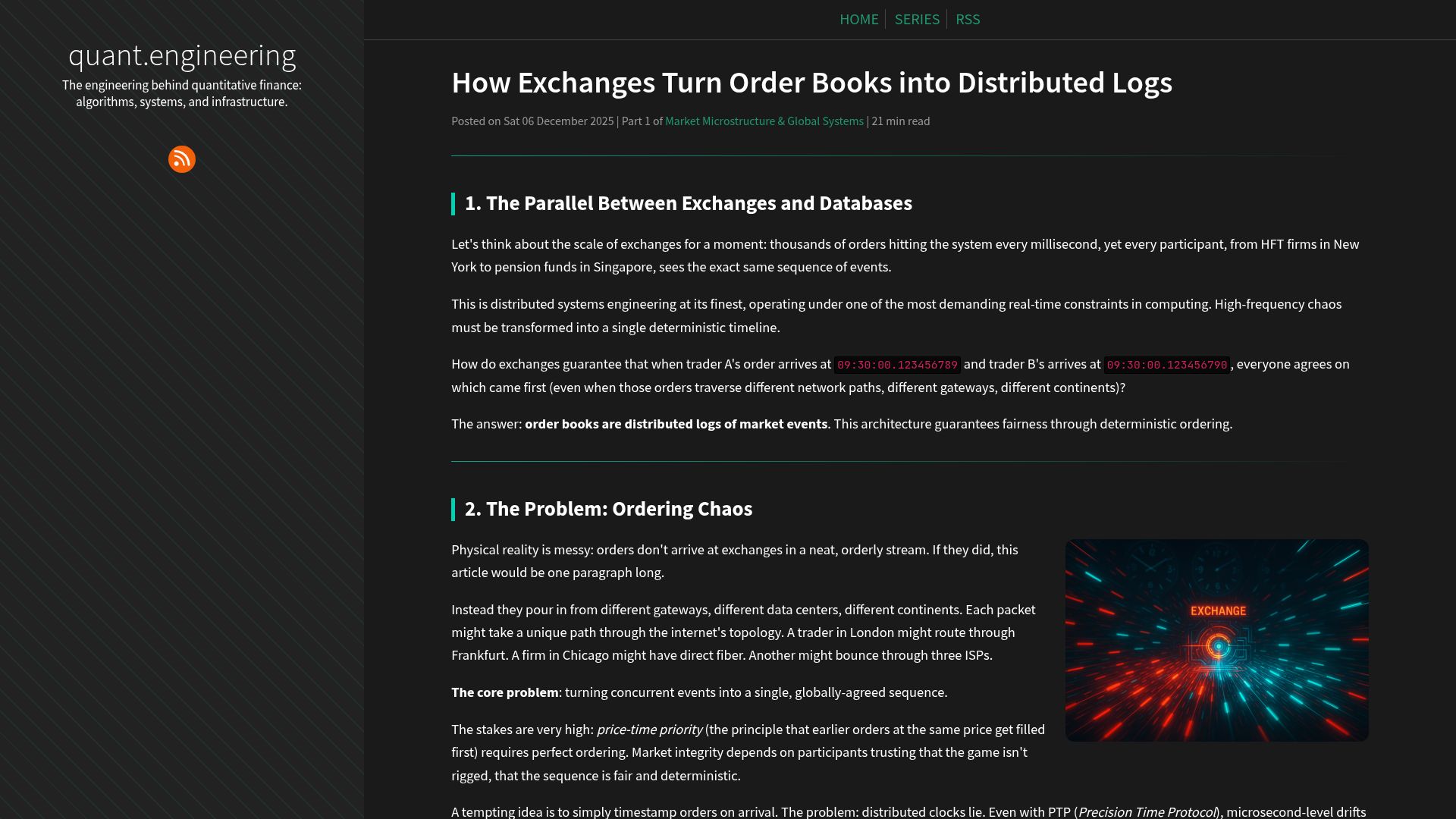 Screenshot of quant.engineering: How exchanges turn order books into distributed logs
